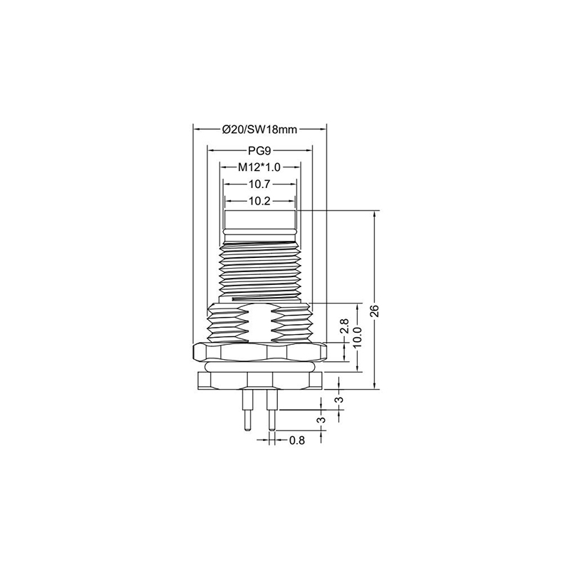 Push-pull m12 8pins A code male straight front panel mount connector PG9 thread,unshielded,insert,brass with nickel plated shell